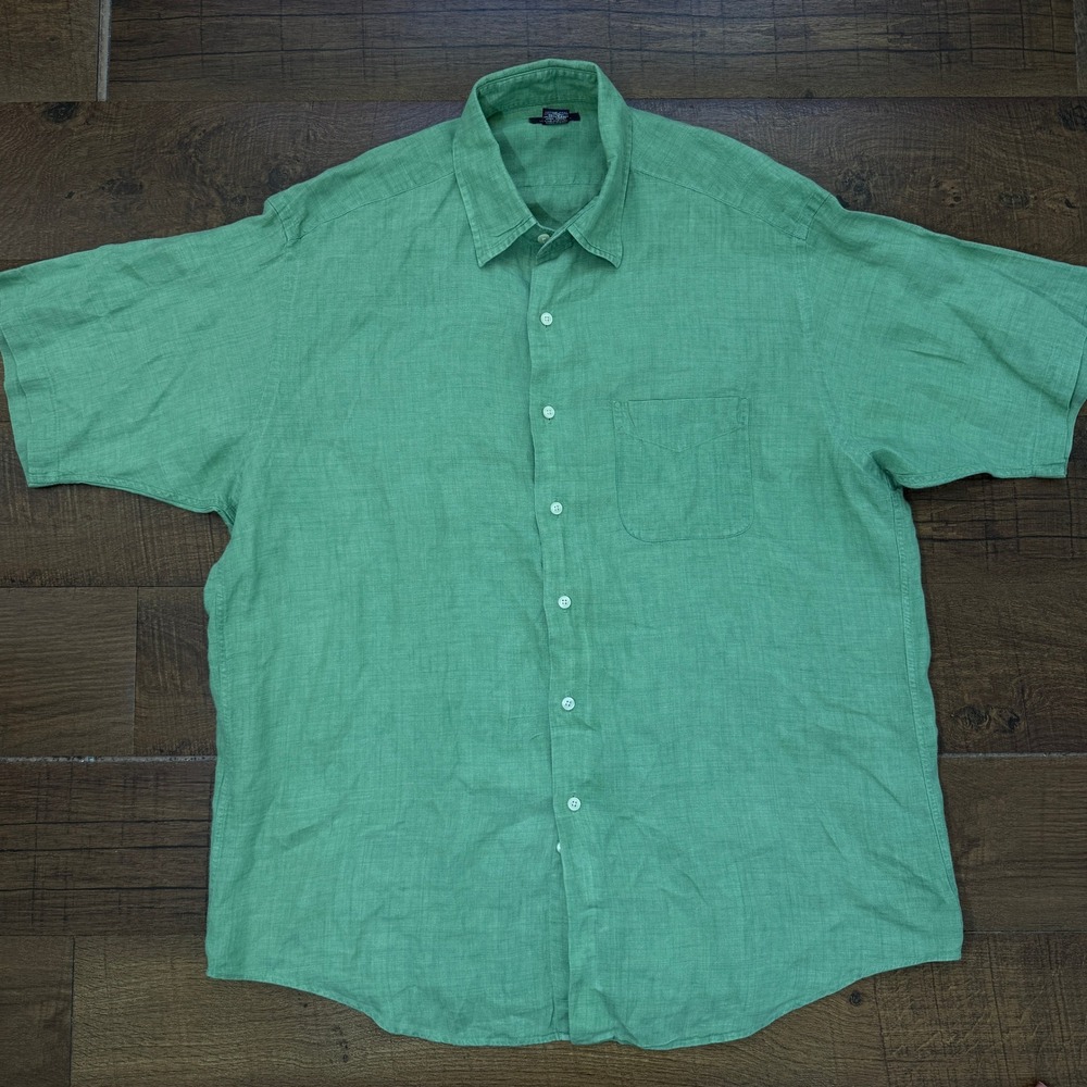Brooks Brothers 346 Shirt Mens Large Green 100% Linen Short Sleeve Button Down